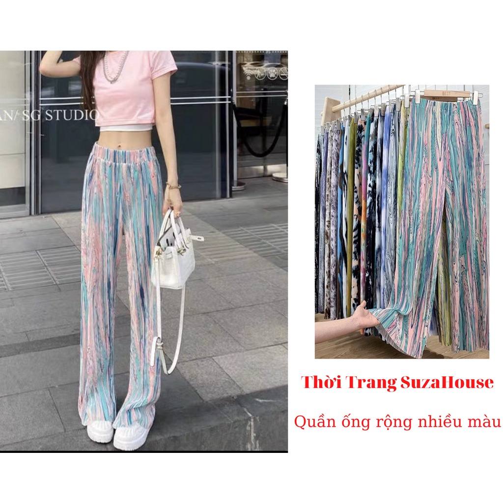 Quần ống rộng cầu vồng. Quần dài lụa nhiều màu phong cách Hàn Quốc