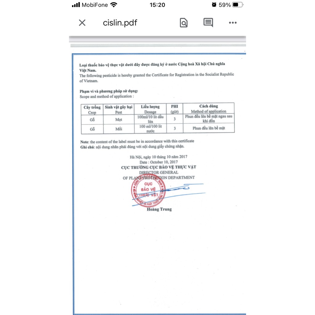 Thuốc diệt mối và diệt mọt và ngừa mối, mọt Cislin 2.5EC 1 cho gỗ cao cấp và gỗ xuất khẩu