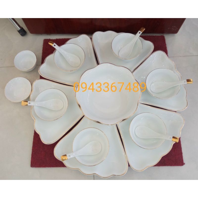 Bộ bát đĩa hoa mặt trời viền vàng. Hàng sứ Bát Tràng.ĐK46cm