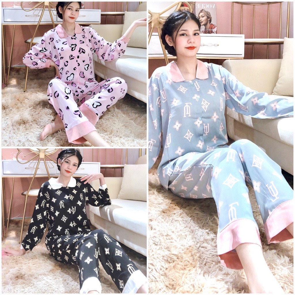 Bộ pijama cổ sen phối lụa tay phồng, quần dài tay dài chất Mango