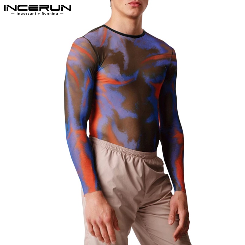 Áo kiểu INCERUN tay dài xuyên thấu thời trang cho nam