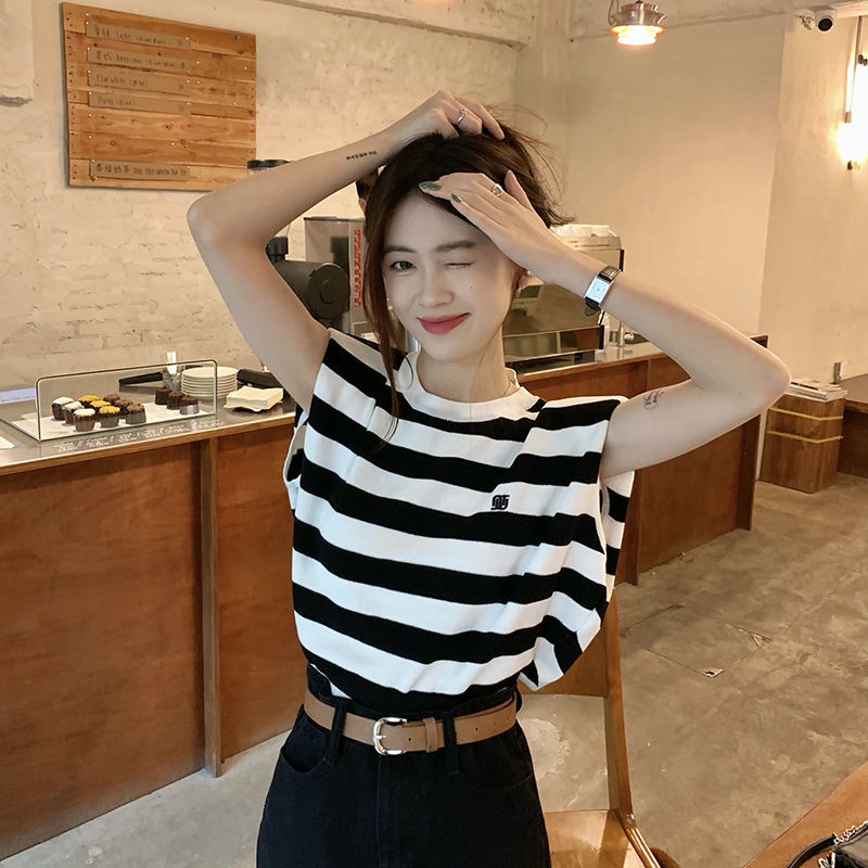 Áo Thun Dệt Kim Sát Nách Dáng Rộng Cổ Tròn Họa Tiết Kẻ Sọc Thời Trang Mùa Hè Cho Nữ