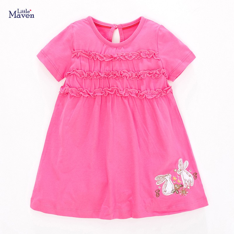 Váy bé gái Little Maven cổ tròn bèo ngực  siêu điệu váy thêu họa tiết thỏ ngộ nghĩnh đủ size 2-5T