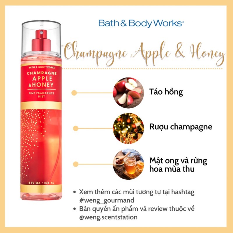 (MÙI HOT) Xịt thơm toàn thân Bath &amp; Body Works mùi champagne Apple &amp; Honey