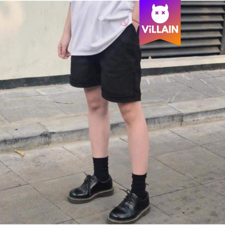 Quần Short Kaki Lửng Nam Nữ Thun Đen Unisex - Villain