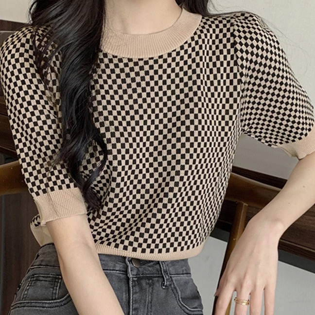 SUXI Áo Sweater Dệt Kim Tay Ngắn Cổ Tròn Dáng Rộng Họa Tiết Kẻ Sọc Màu Sắc Tương Phản Thời Trang Mùa Hè Cho Nữ