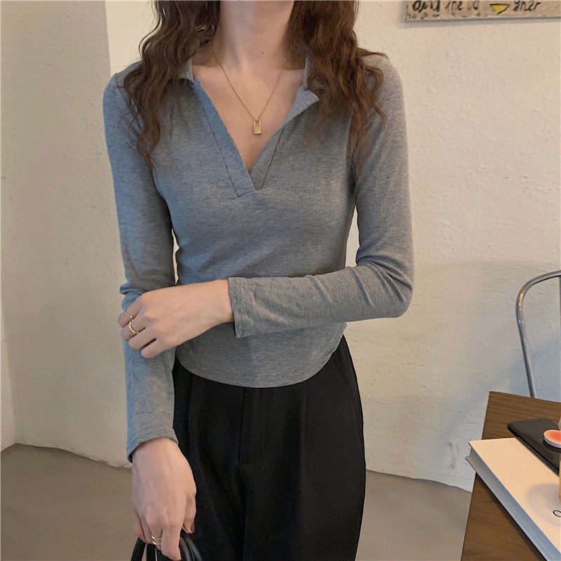 Áo thun tay dài cổ polo kiểu dáng mới cho nữ
