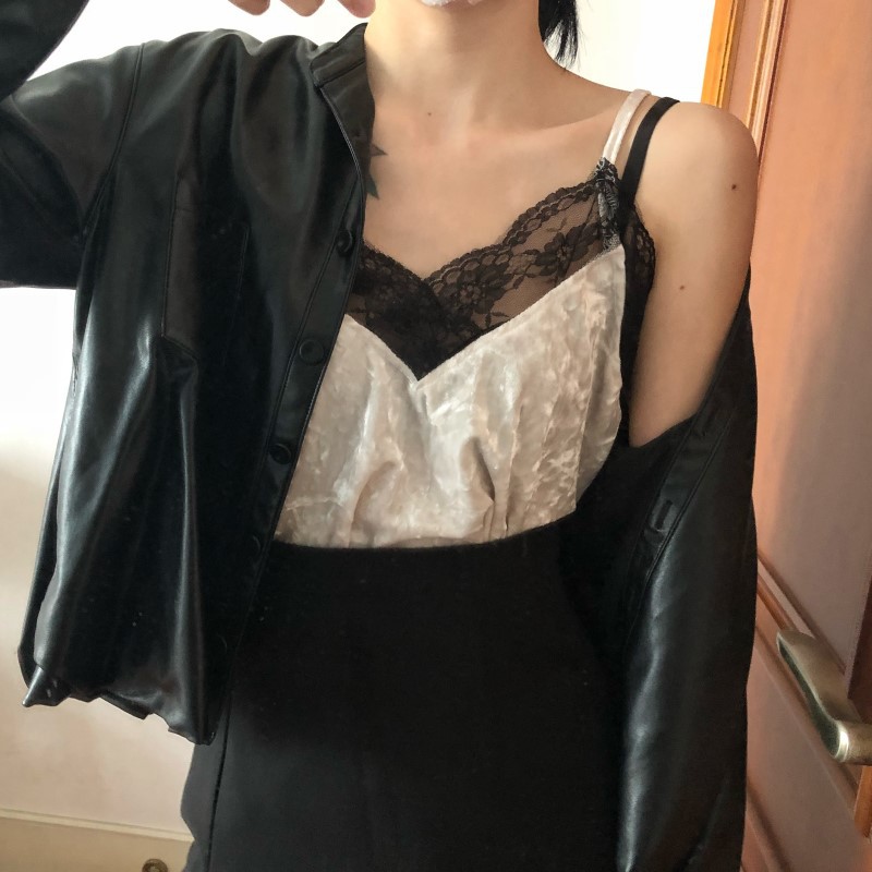 Áo 2 Dây Nhung Cổ Ren Sexy 🍓FREESHIP🍓Siêu Sexy Kèm Ảnh Thật