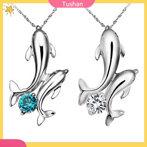 TUSH_Cute Silver Plated Double Dolphins Pendant Charm Chain Necklace Lady Jewelry