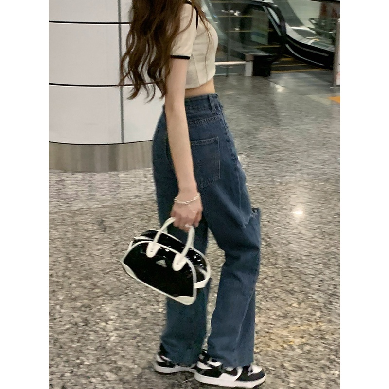 Quần jean nữ lưng cao thiết kế kiểu rách cá tính