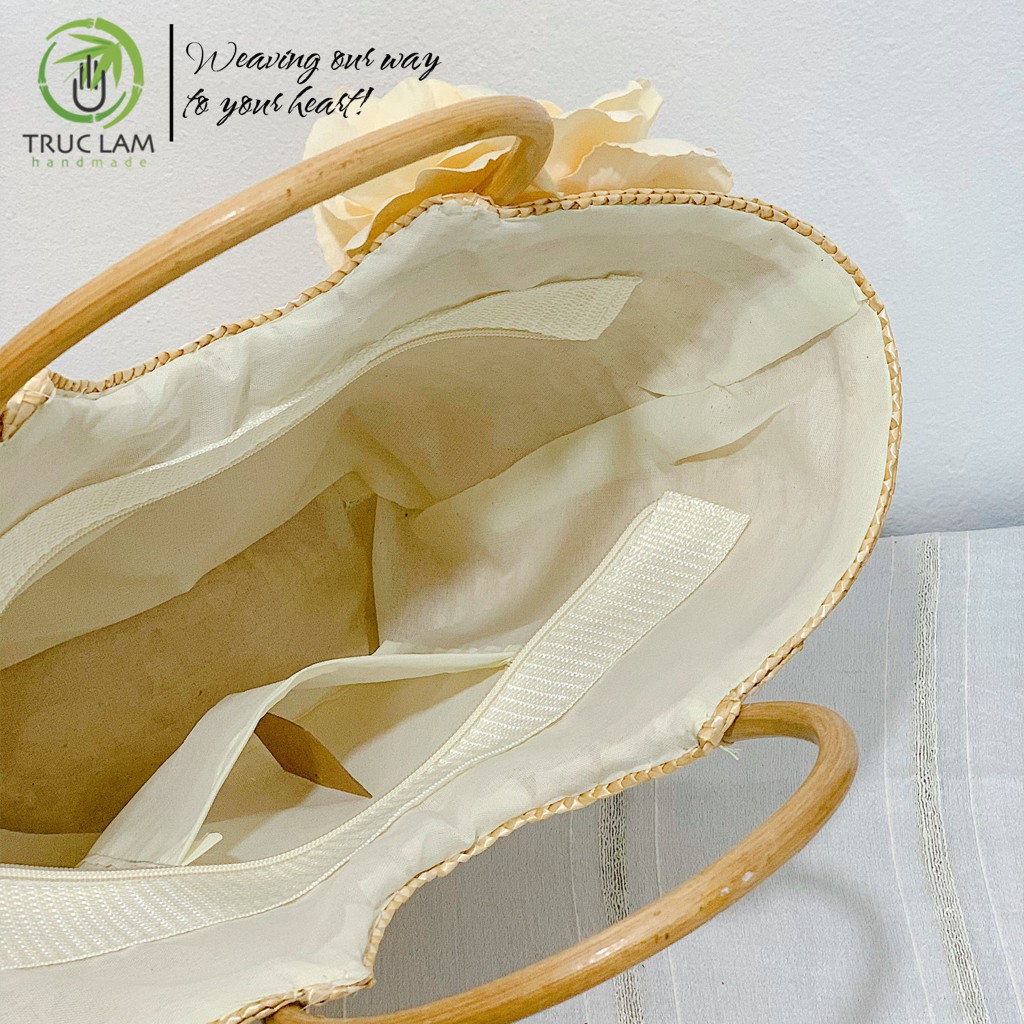 Làn Cói Xách Tay Thời Trang Nữ Quai Mây Tròn Gắn Hoa Lụa – Trúc Lâm Handmade