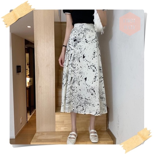 Chân váy dài Chân váy xòe FIRST DATE trắng đen họa tiết vẩy mực chấm phá nhẹ nhàng Chân váy chữ A voan nữ (CÓ SẴN TRẮNG) | BigBuy360 - bigbuy360.vn