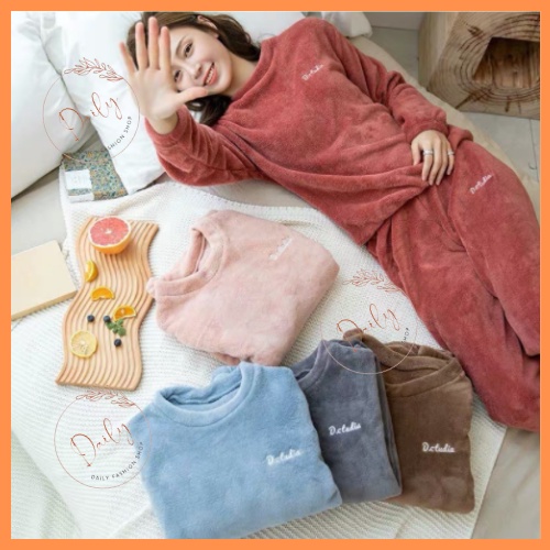 Set Đồ Bộ Lót Lông Cừu Dài Tay Dày Dặn Thêu Chữ Mặc Ở Nhà Mùa Đông Siêu Ám Áp Thoải Mái