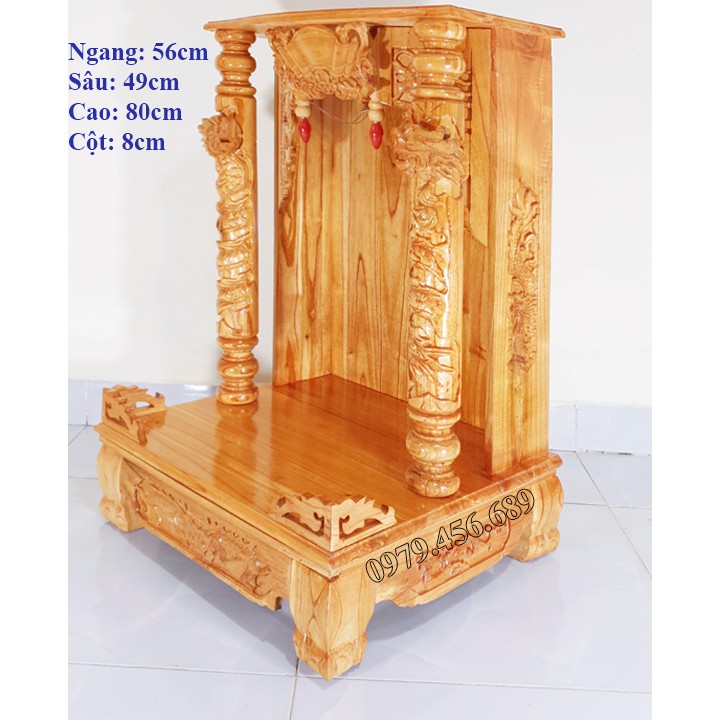Bàn thờ thần tài ông địa gỗ xoan ngang 56cm quỳ trụ cột 8cm màu vàng nhạt
