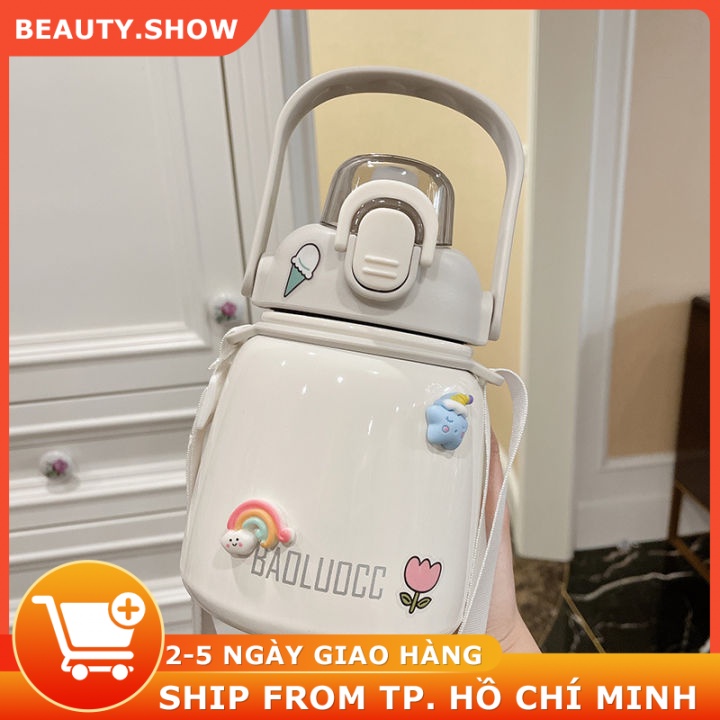 Bình giữ nhiệt inox hai lớp 650ML có ống hút, tay cầm, bình bên trong bằng thép không gỉ 304 + nắp cốc PP + dây đeo chéo