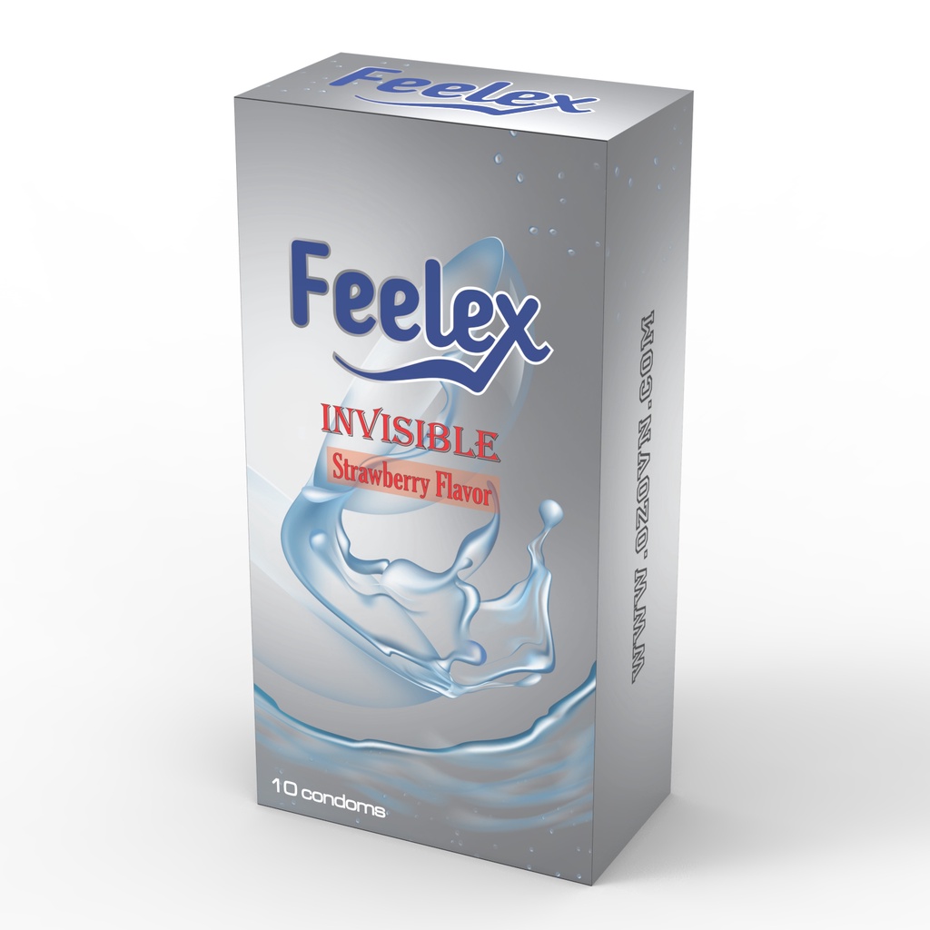 Bao cao su Feelex Invisible siêu mỏng, nhiều gel, hương dâu, lạnh size 52 hộp 10c