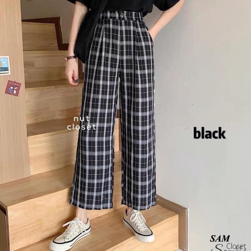 [rẻ vô địch] Quần cul ống rộng kẻ sọc caro cạp cao cúc giả - quần ống sớ kẻ caro nữ