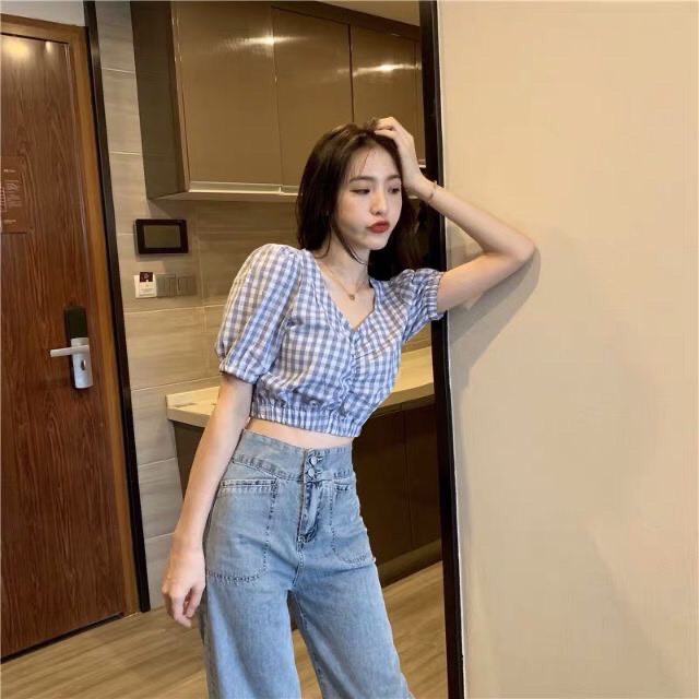 [Ảnh Thật] Áo croptop tay phồng hoạ tiết caro ulzzang  Cực Xinh