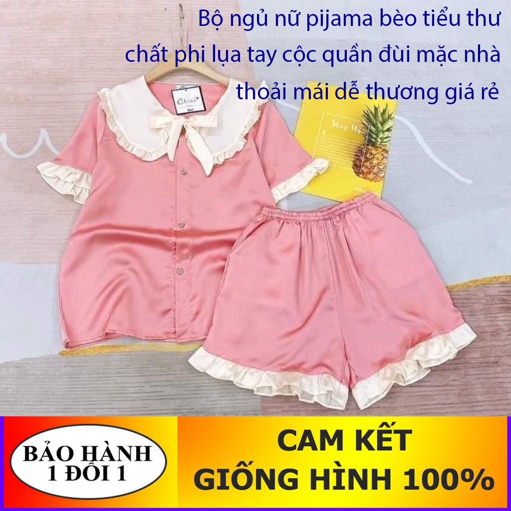 Bộ ngủ nữ pijamas bèo tiểu thư Bộ đồ mặc nhà Phi Lụa Satin freesize tới 60kg