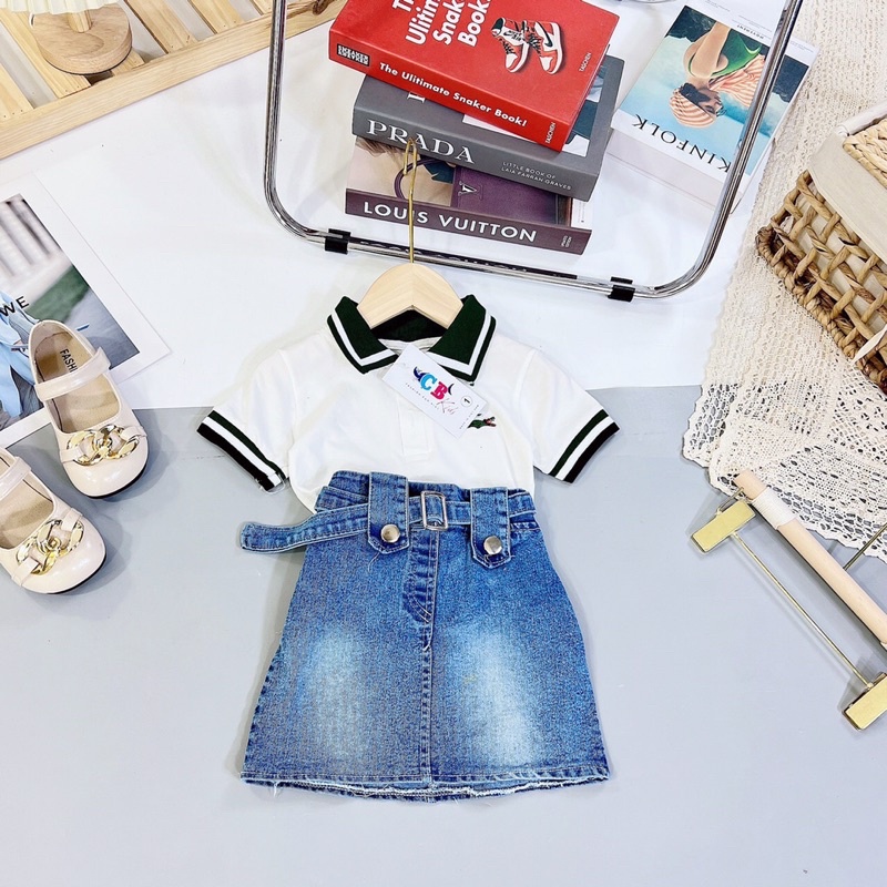 SIZE ĐẠI 18-28KG: Bộ Laco ste chân váy jeans sành điệu cho bé gái - BLCVJ