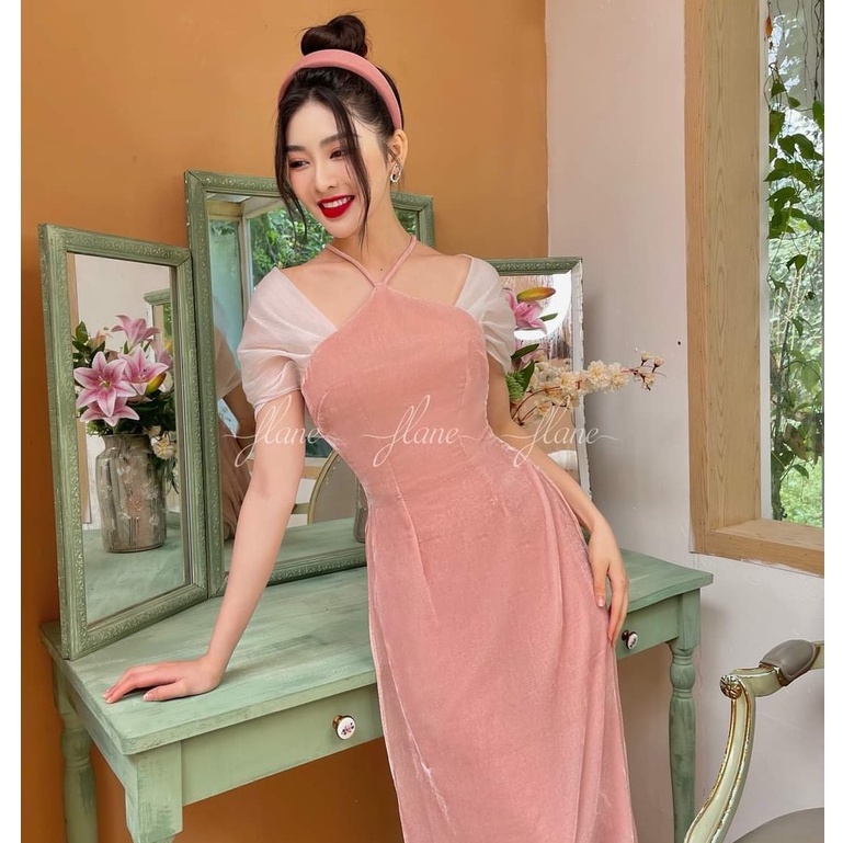 Áo dài cách tân Thuỷ Nhu cổ yếm hồng điệu đà - TC12