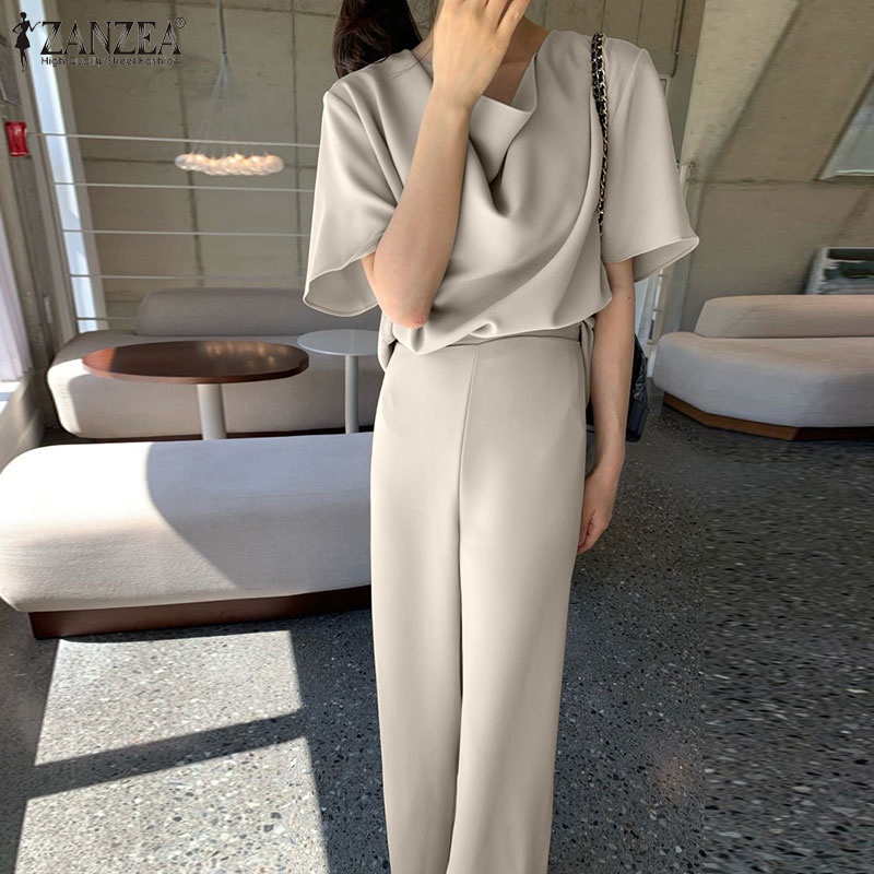 Set Zanzea áo thun ngắn tay cổ tròn + quần short ống rộng thời trang Hàn Quốc cho nữ