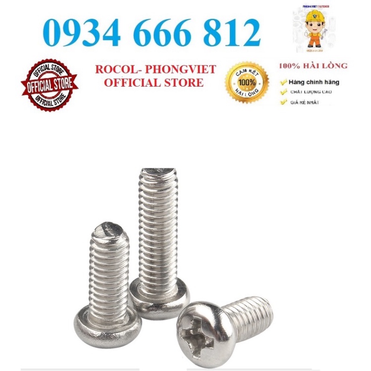 Set 50 cái M3-M6 Vít pake đầu tròn thân bulong inox304 M3, M4, M5, M6