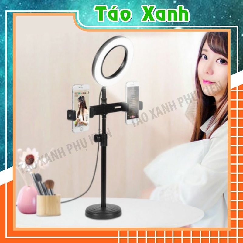 Đèn Livestream Để Bàn 3 Chế Độ Sáng - Kẹp 2 Điện Thoại Có Đèn Hỗ Trợ, Quay Tiktok, Make Up