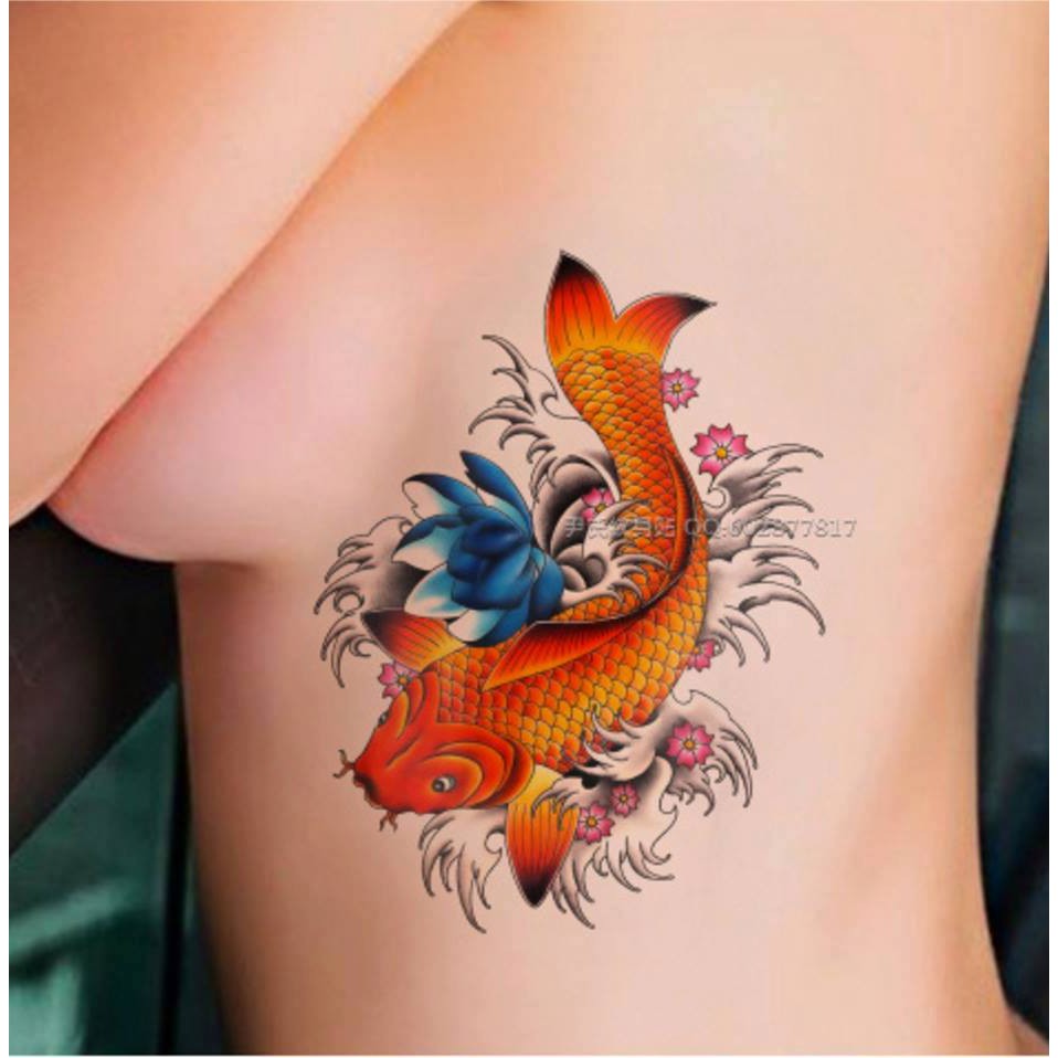 Combo 3 tấm hình xăm dán tattoo cao cấp 15X21cm CÁ CHÉP LƯỚT SÓNG CHỜ HÓA RỒNG (Tặng ngay 2 tấm khi mua từ 2 combo)