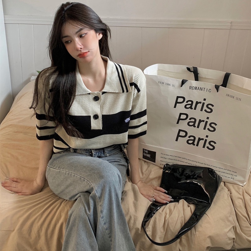 Áo Thun Polo Dệt Kim Tay Ngắn Dáng Rộng Kẻ Sọc Ngang Trẻ Trung Hợp Thời Trang