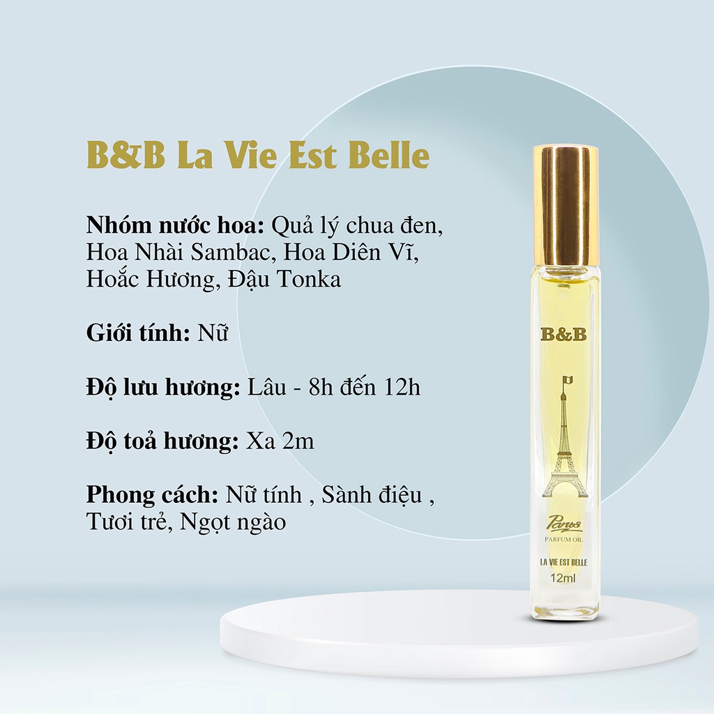 Tinh dầu nước hoa nam nữ B&B EDP 12 ml lưu hương lâu phong cách Pháp