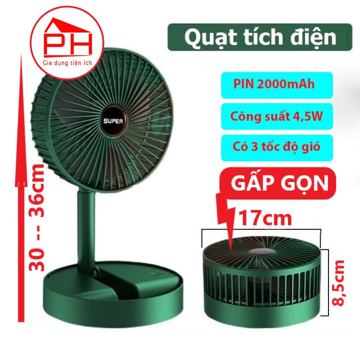 Quạt gấp gọn mini (Đường kính 17cm , cao 36cm) - Tích điện sạc USB tiện dụng, gấp gọn dễ dàng mang theo, 3 chế độ gió