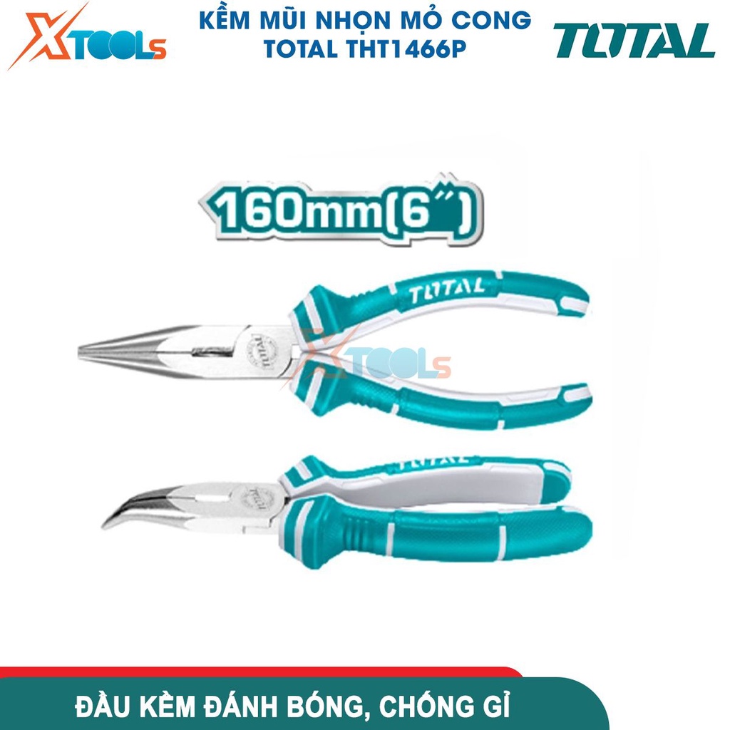 Kìm mũi nhọn mỏ cong Total 6&quot;/160mm đầu kềm đánh bóng và chống rỉ, tay cầm chống trượt, độ cứng cao -CHÍNH HÃNG-XTOOLS