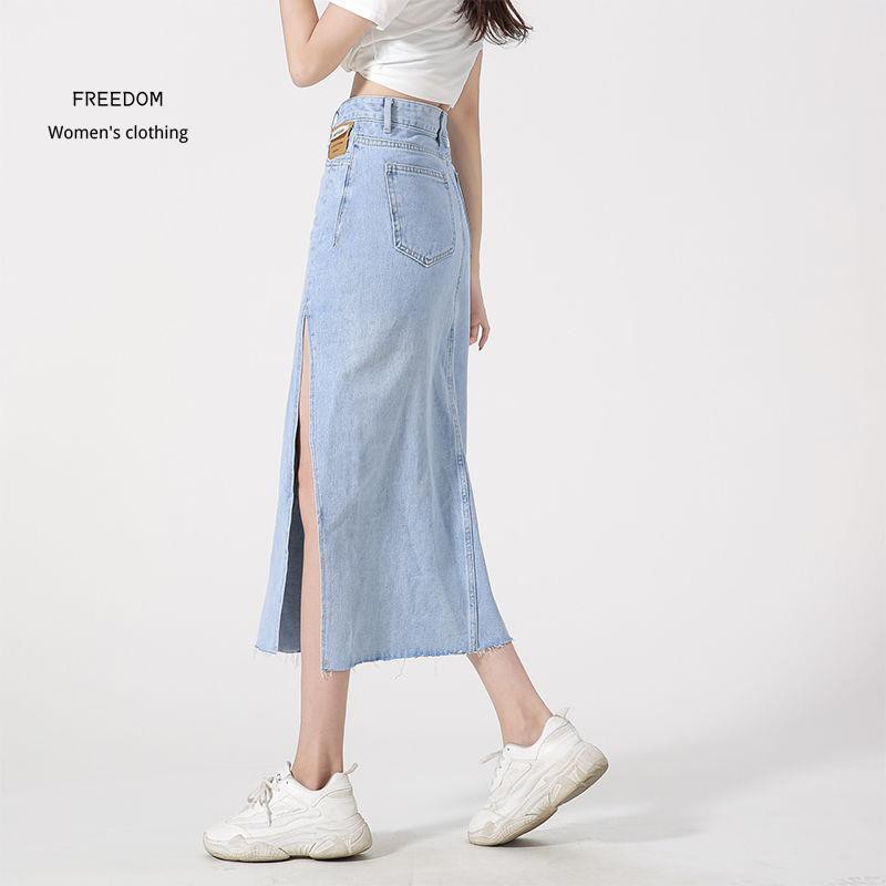 FREEDOM  Tôi là David / Love Váy denim xẻ tà nữ cạp cao mùa hè 2021 kiểu mới dài giữa một đường