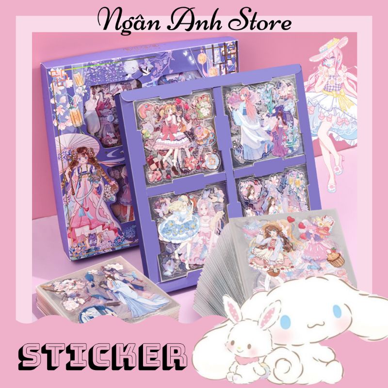 💕 Hộp 100 tấm sticker PVC chủ đề Cổ trang Anime trang trí sổ dễ thương