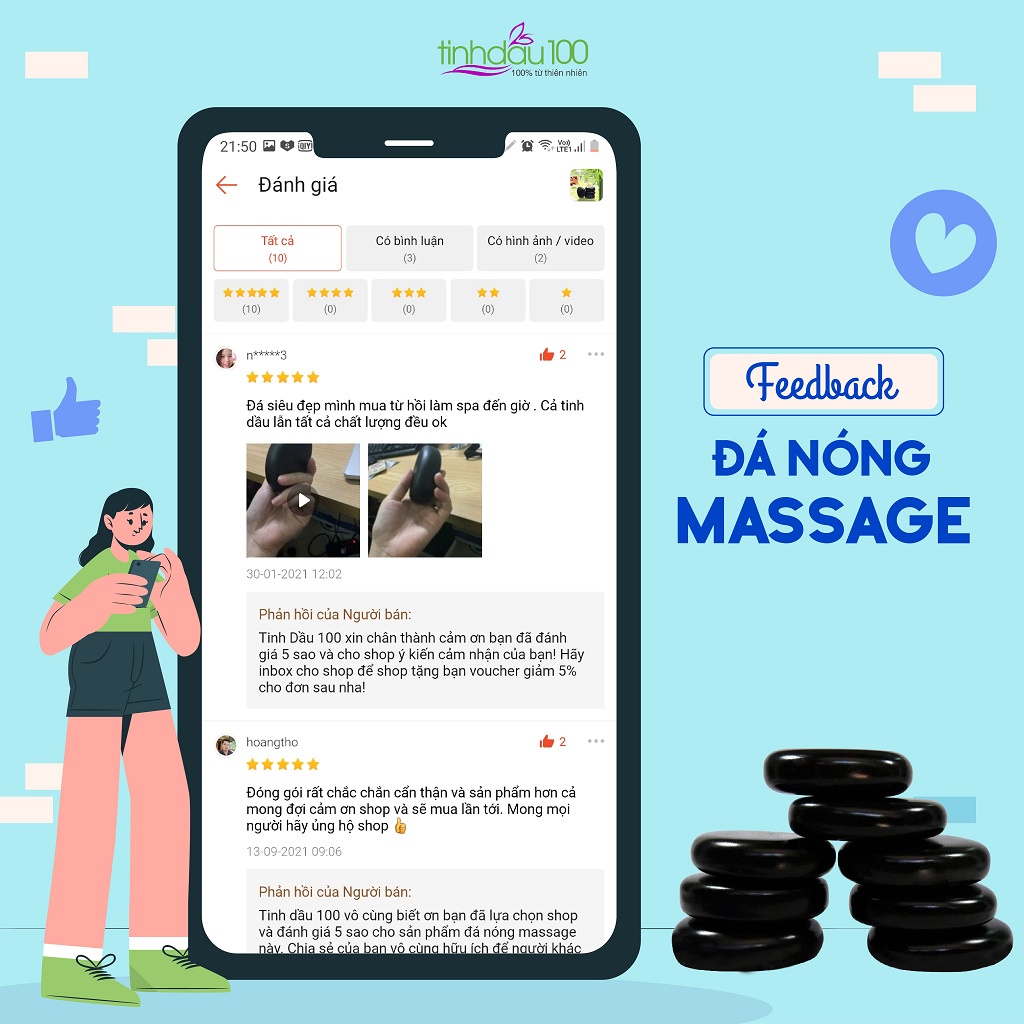 Đá massage body, đá chườm nóng chân tay lưng viên chữ nhật 11x7x2 cm. Bảo hành 01 năm Tinh Dầu 100 Shop