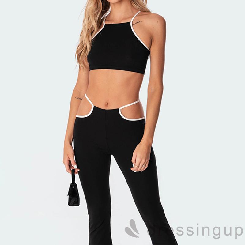 Bộ Đồ 2 Món Áo Croptop Phối Màu + Quần Lưng Cao Khoét Lỗ Thời Trang Mùa Hè Cho Nữ Đen