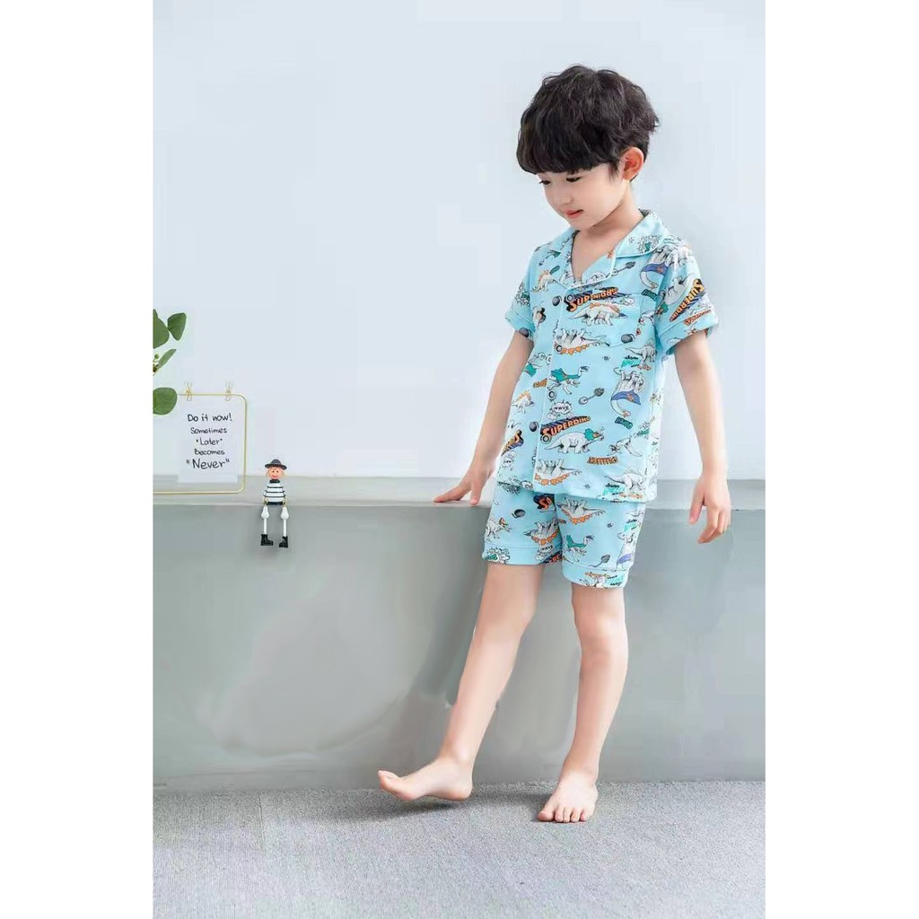 Đồ Bộ Pijama Thun QiQi Bé Trai 10-37kg Xuất Hàn Chú Khủng Long