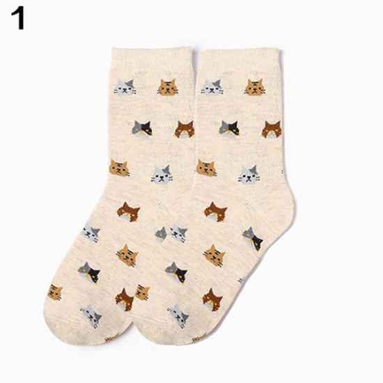 Vớ cotton nữ cổ cao họa tiết mèo hoạt hình đáng yêu thời trang thu đông