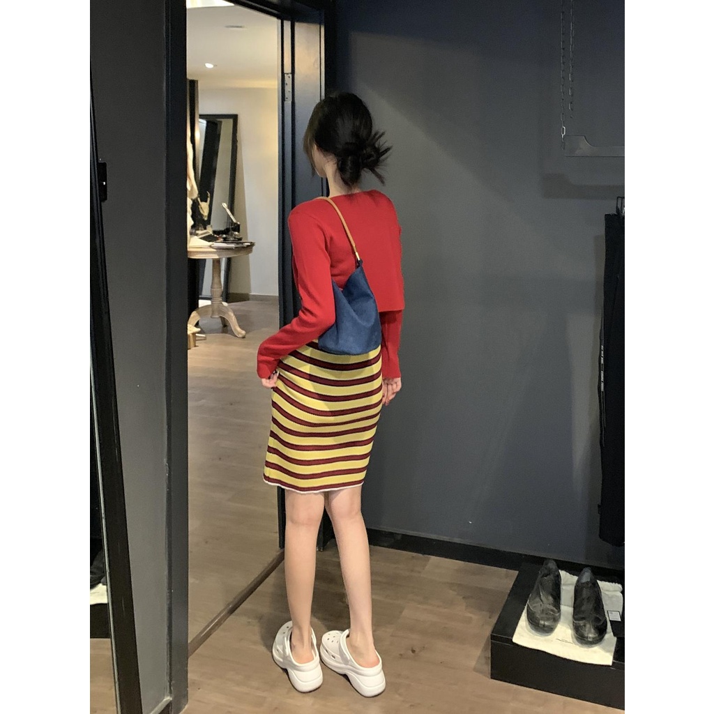 ZHELIHANGFEI Set Áo Cardigan Dệt Kim Dài Tay Và Đầm Hai Dây Họa Tiết Kẻ Sọc Phong Cách Quyến Rũ