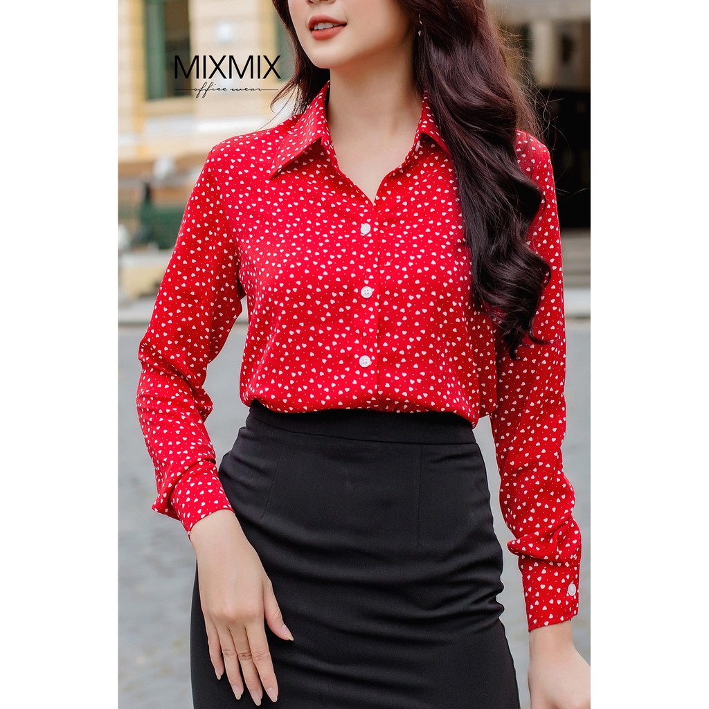 Áo sơ mi nữ họa tiết tim nhí - MIXMIX - Hàng thiết kế - Hình ảnh độc quyền shop tự chụp
