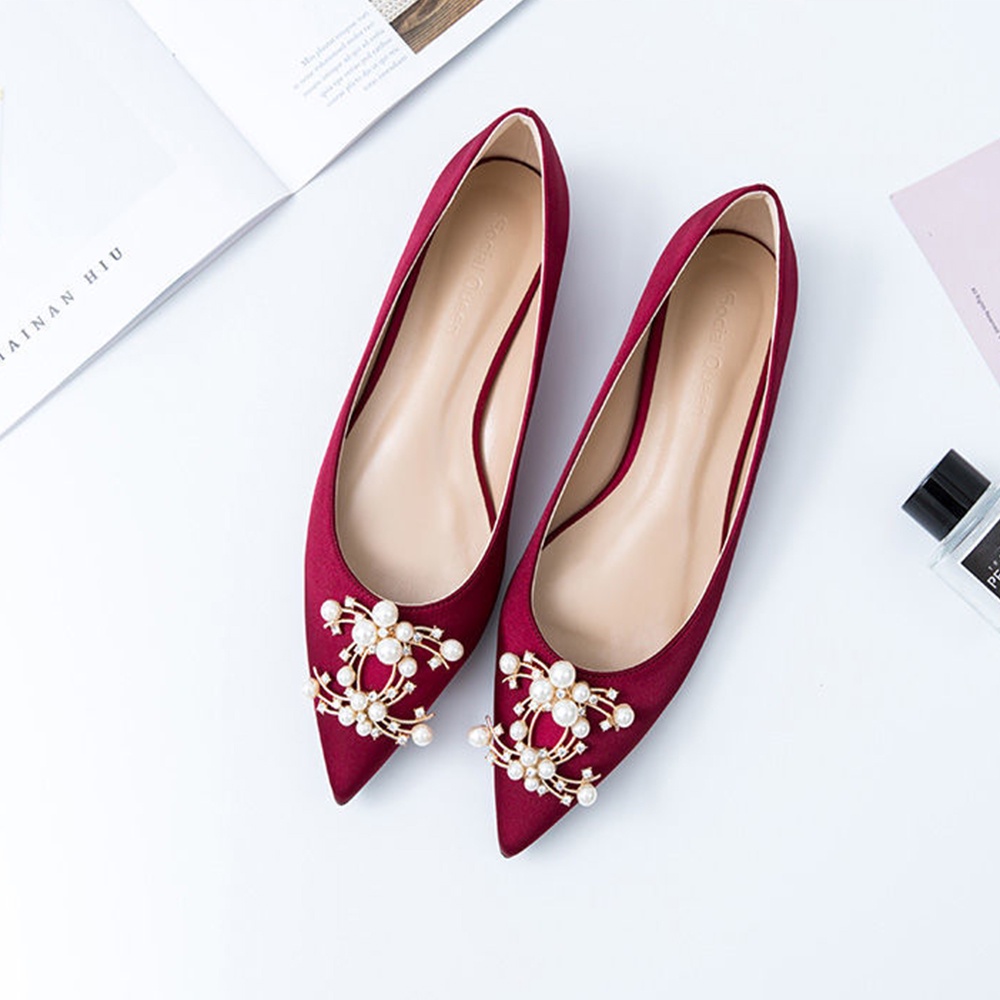 Giày Búp Bê Mũi Nhọn Đính Ngọc Trai Giả Plus Size 34-44 Thời Trang Đám Cưới