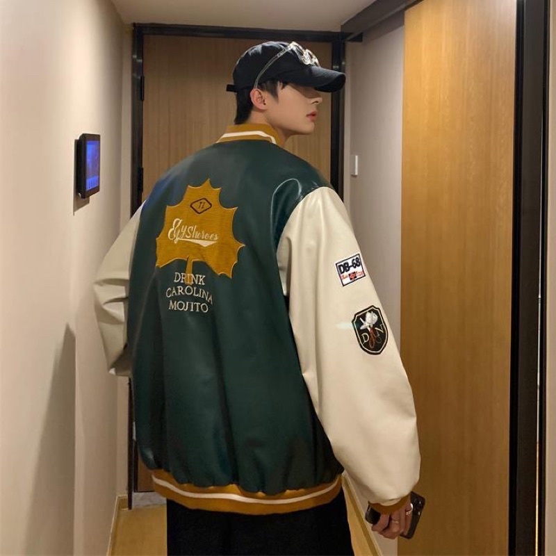 Áo khoác da bomber varsity jacket nam nữ EIGT thêu chữ cực chất