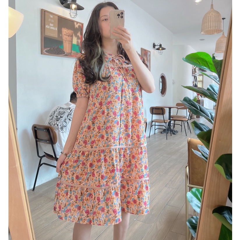 Đầm bầu thời trang thiết kế xinh xắn nơ ngực MSP329 vải lụa hoa Mom and Baby