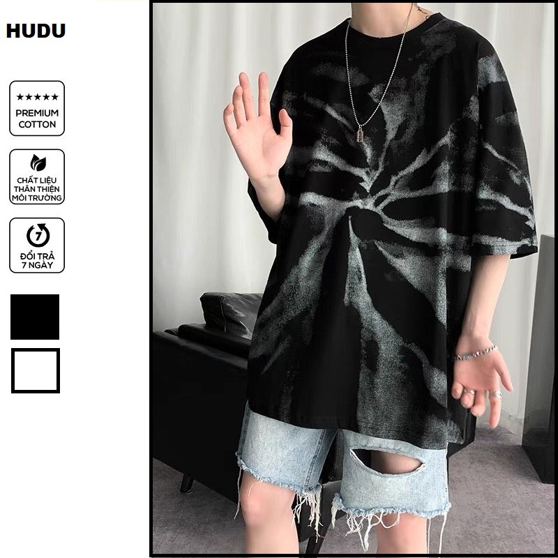 ÁO THUN FORM RỘNG TAY LỠ NAM NỮ UNISEX MÀU ĐEN IN LOANG XOÁY