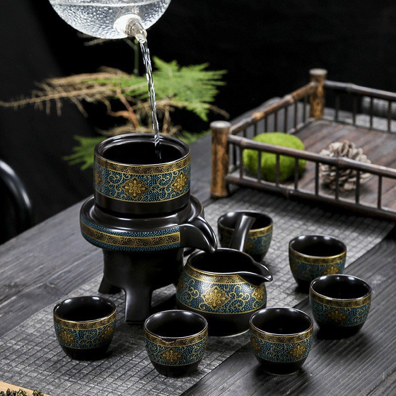 Bộ Ấm Chén Pha Trà Cối Xay Hoa Văn - Bộ Ấm Chén Uống Trà Chất Liệu Gốm Sứ Cao Cấp )