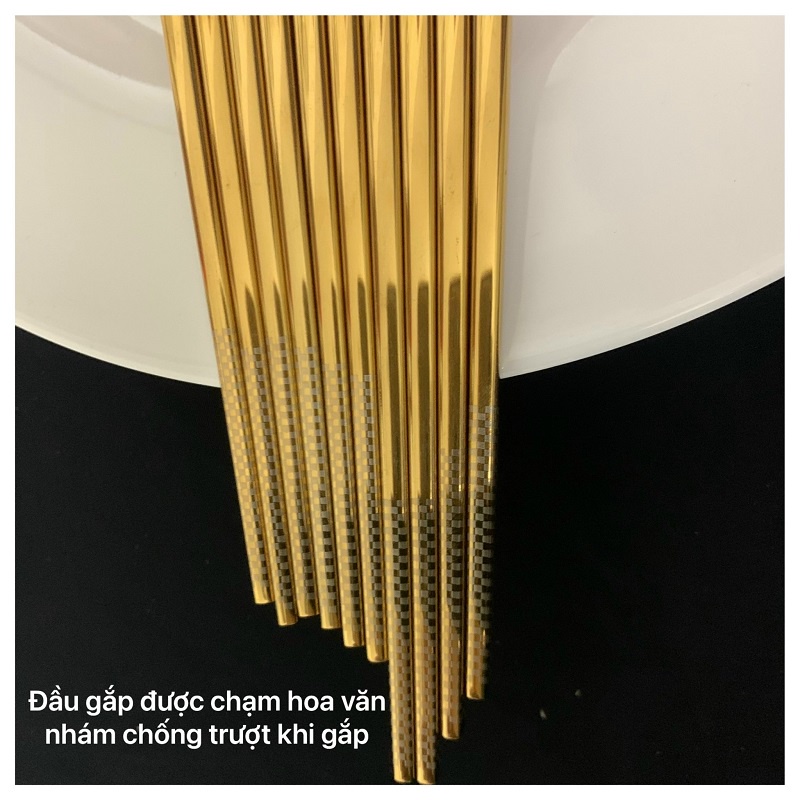 Set 2 đôi Đũa INOX 304 Mạ TiTan Vàng- Xám Chống Trượt Phong Cách Nhật Hàn - Đũa Cao Cấp Hoa Văn Sang Trọng.