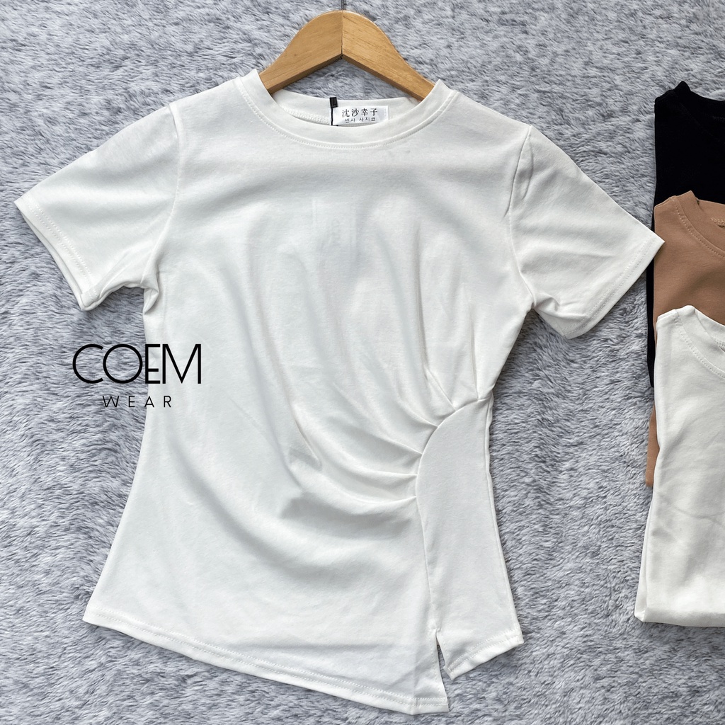Áo phông ngắn tay nữ cổ tròn nhún eo xẻ tà cách điệu COEM WEAR CW9031