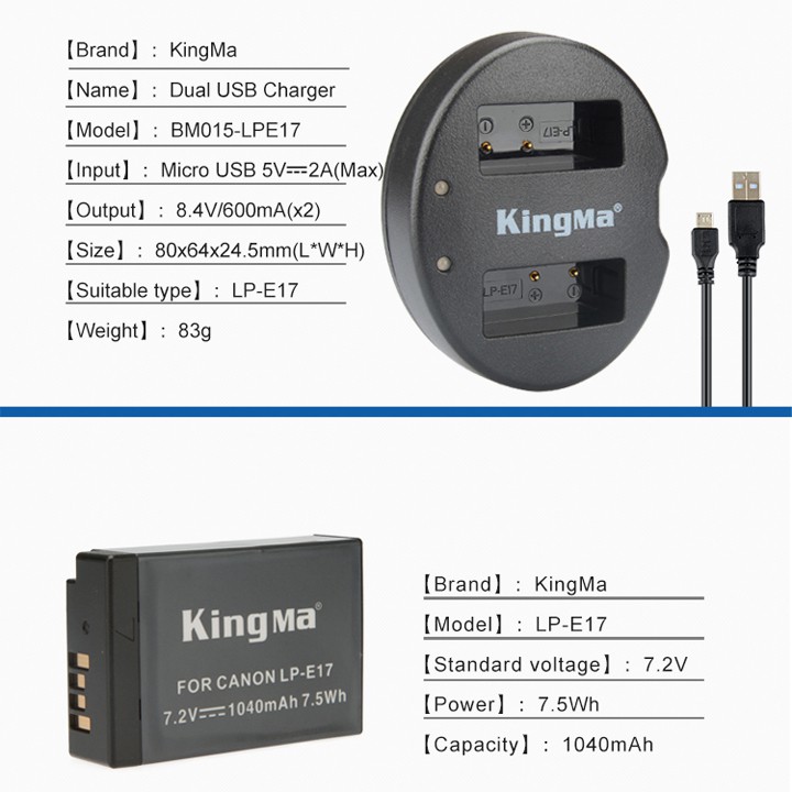 Bộ 1 pin 1 sạc đôi usb KingMa LP-E17 (tặng case pin) dùng cho Canon M3 M5 M6 M100 77D 750D 760D 800D dung lượng 1040mAh