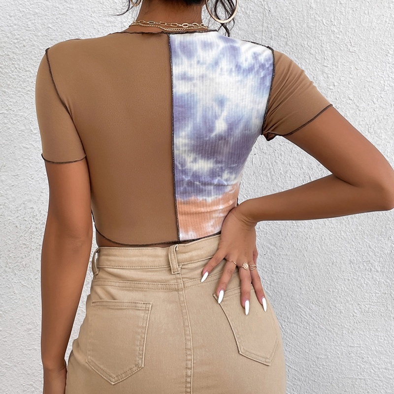 Áo Croptop Tay Ngắn Cổ Tròn Phối Bèo Màu Gradient Phong Cách Harajuku Punk Cho Nữ